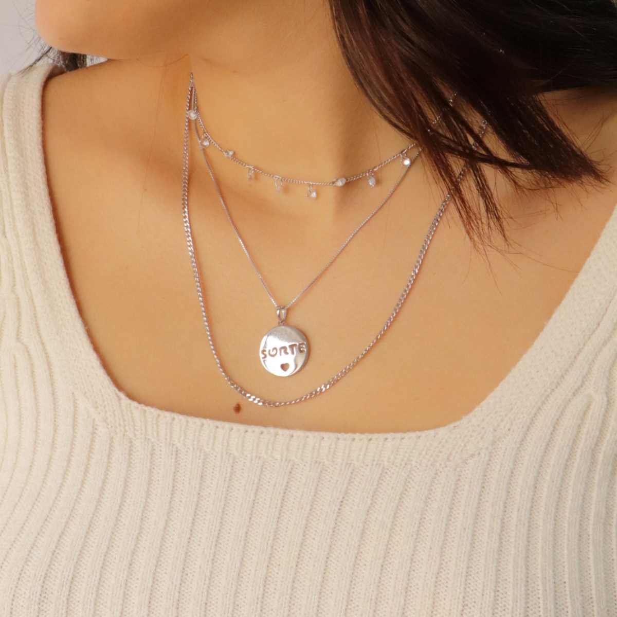 Choker Folheado a Ródio Elo Fígaro e Cristais Prata 2