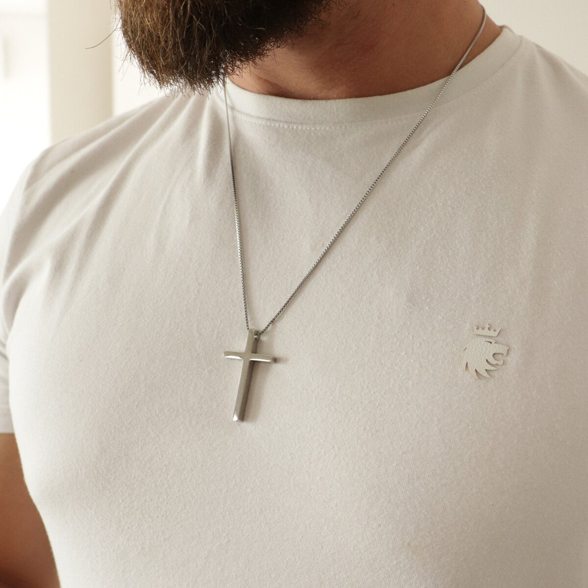 Colar Aço Inoxidável Masculino Pingente Crucifixo Prata 4