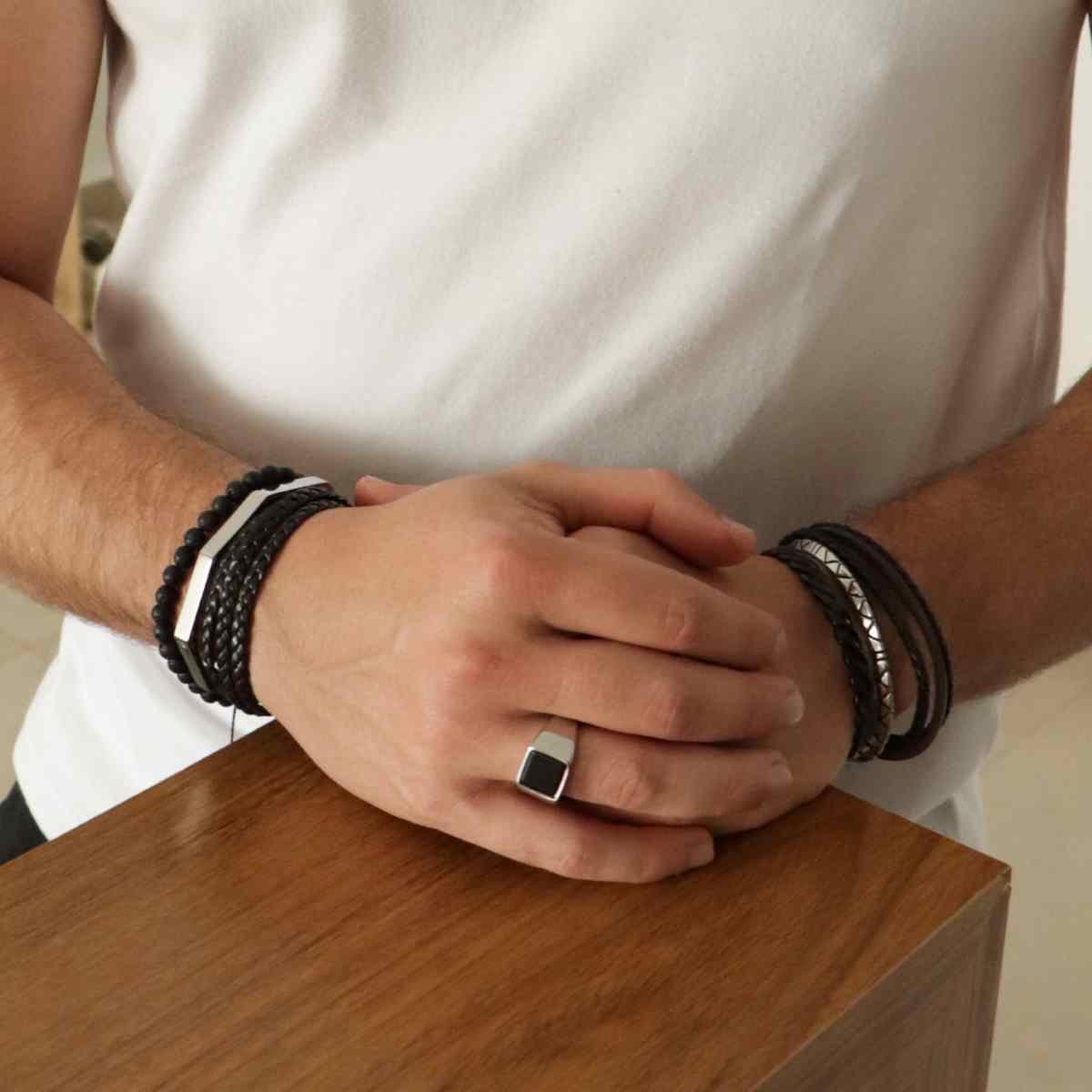 Anel Masculino Aço Inoxidável Onix Quadrada Prata 2