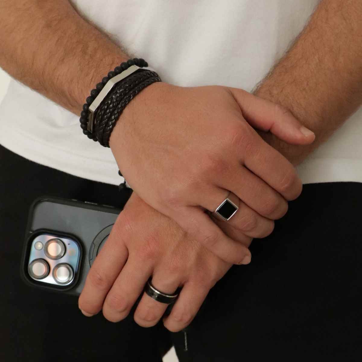 Anel Masculino Aço Inoxidável Onix Quadrada Prata 3