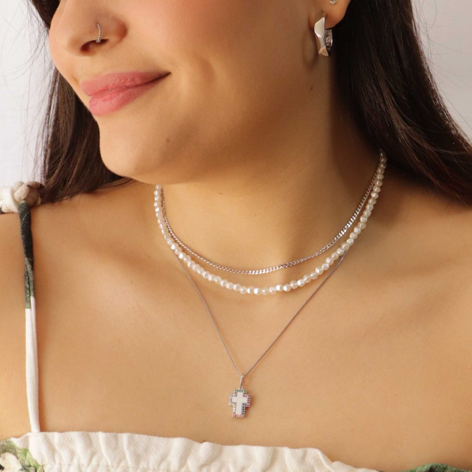 Choker Folheado a Ródio Pérola Barroca Prata 4