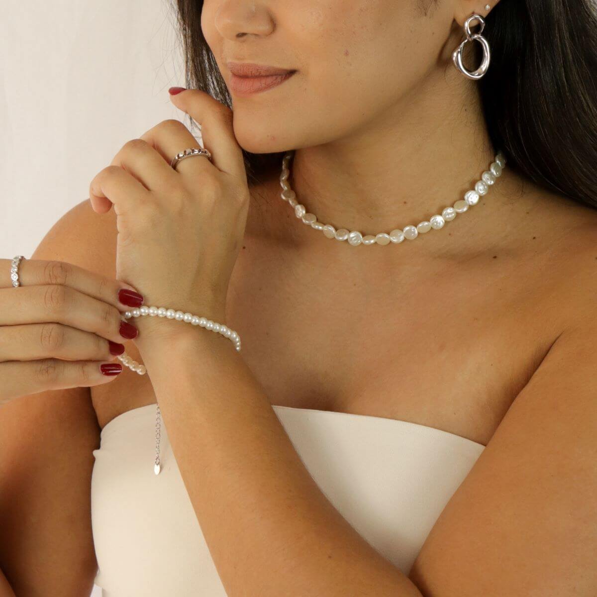 Choker Folheado a Ródio Pérola Moeda Orgânica Prata 5