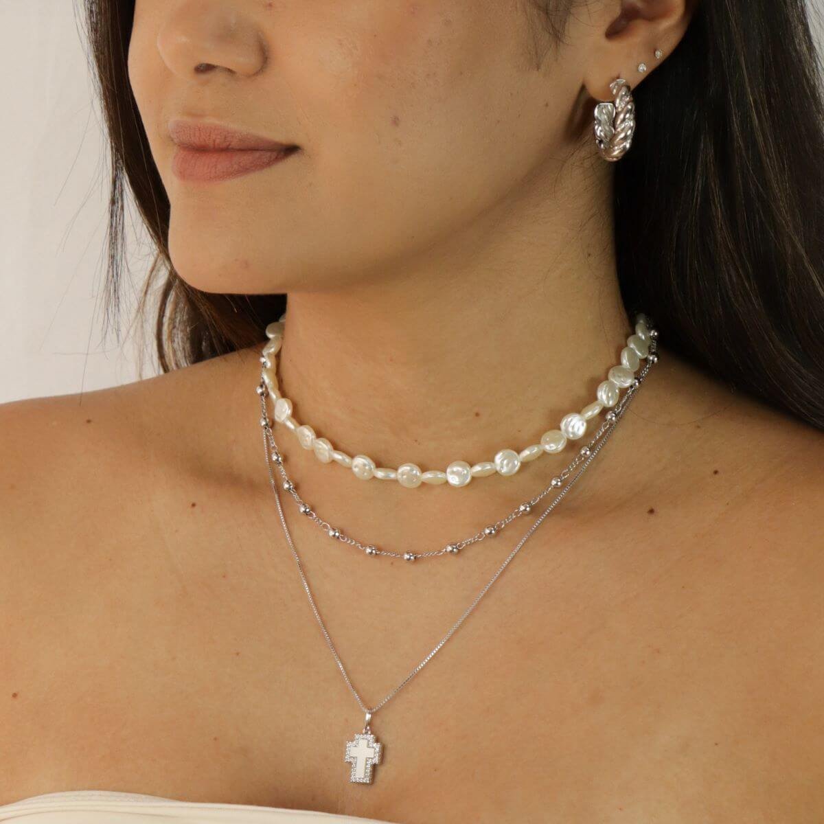 Choker Folheado a Ródio Pérola Moeda Orgânica Prata 7
