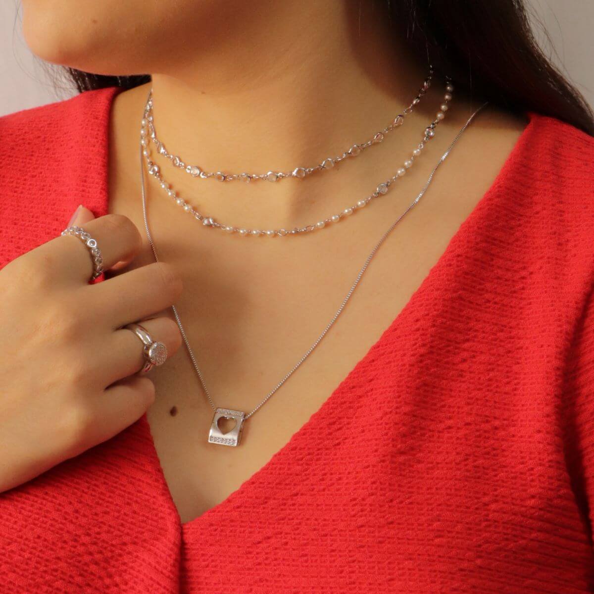 Choker Folheado a Ródio Ponto de Luz e Pérola P Prata 2