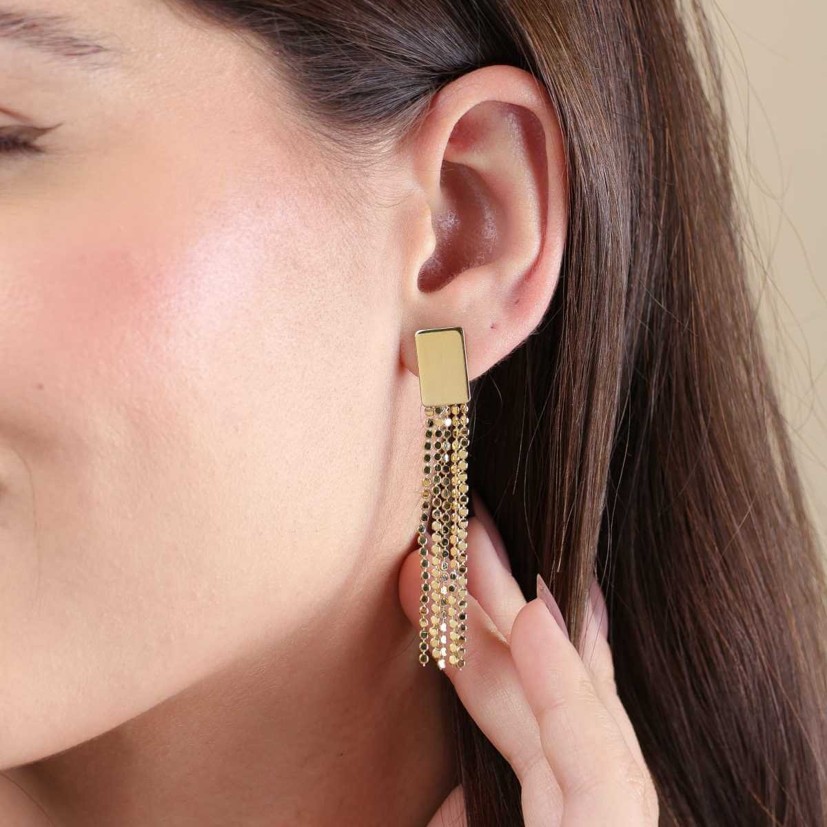 Brinco Folheado a Ouro 18k Franja Placa Retangular Corrente Bolinha Espelhada Dourado 3