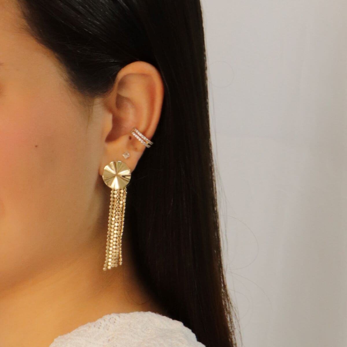 Brinco Folheado a Ouro 18k Franja Placa Orgânica Corrente Bolinha Espelhada Dourado 4