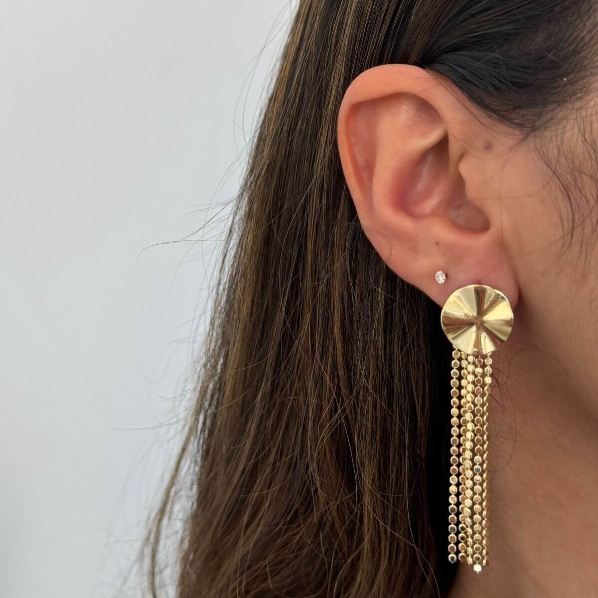 Brinco Folheado a Ouro 18k Franja Placa Orgânica Corrente Bolinha Espelhada Dourado 5
