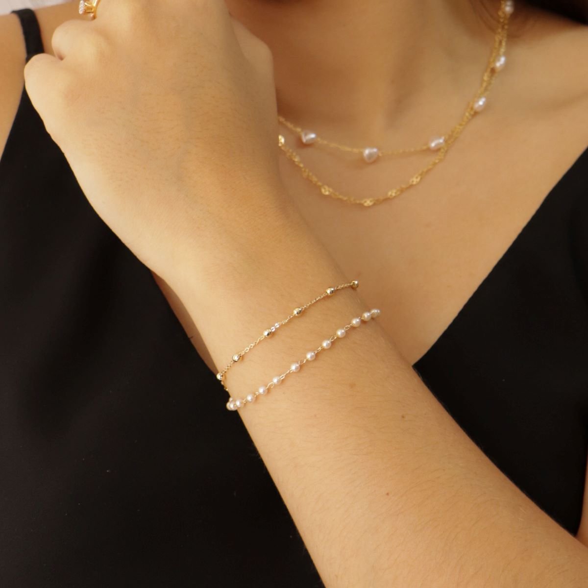Pulseira Folheado a Ouro 18k Dupla Pérola e Bolinhas 3mm Dourado 6