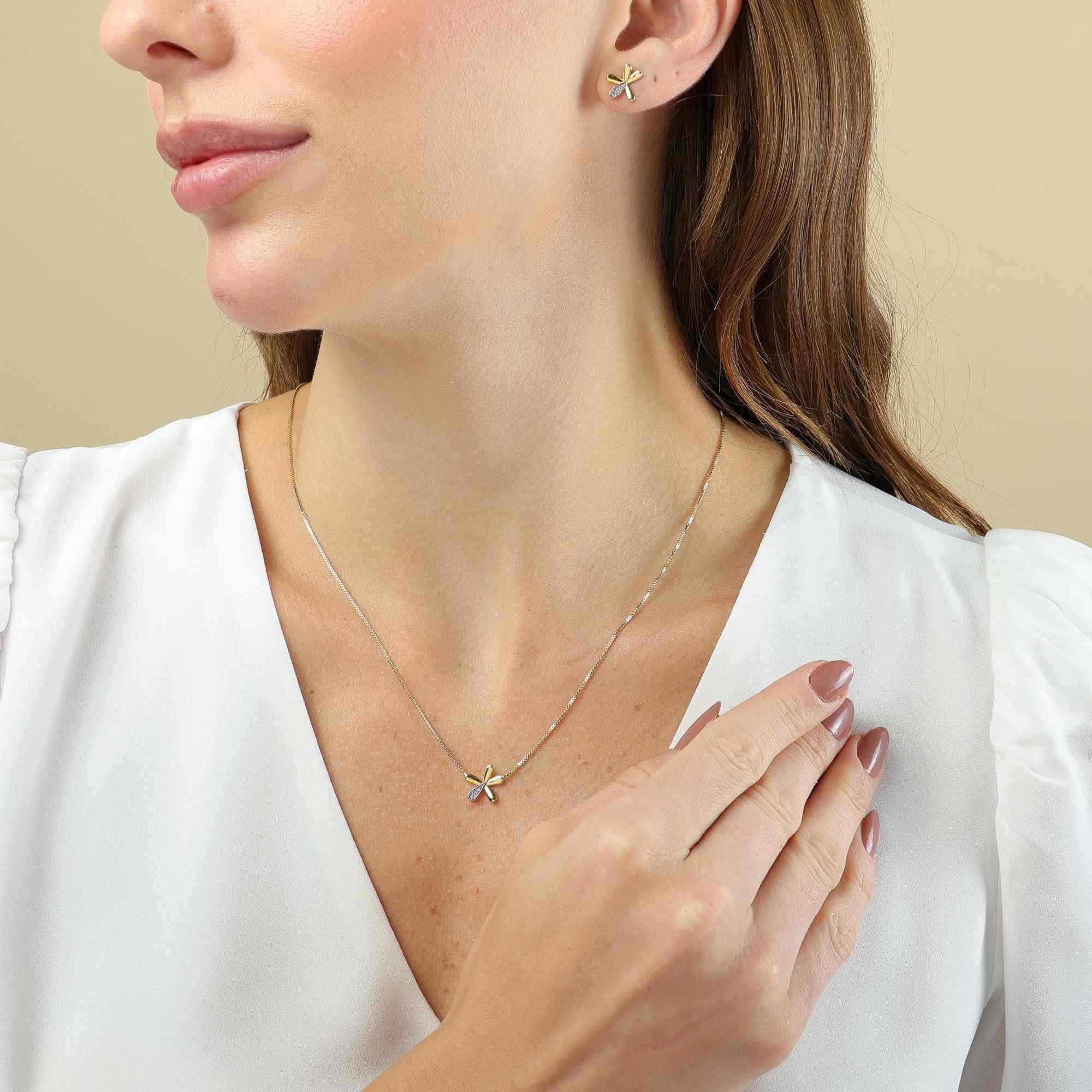 Conjunto Folheado a Ouro 18k Flor Pétala Cravejada Dourado 2