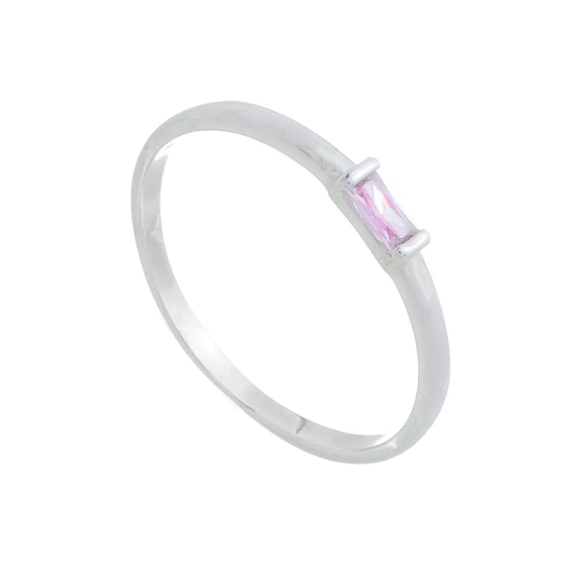 Anel Prata 925 Solitário Retângulo Zircônia Rosa Claro Prata 1