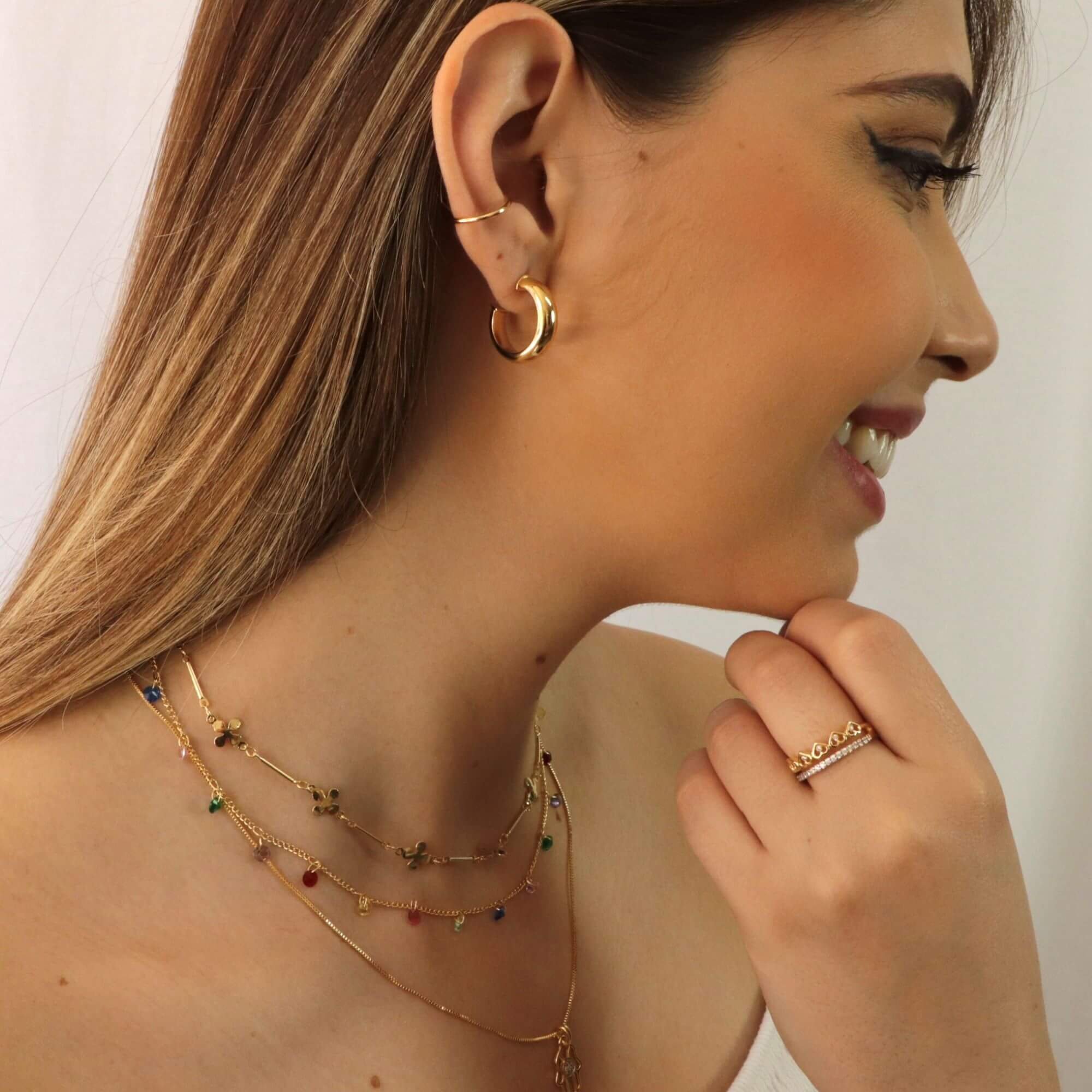 Anel Folheado a Ouro 18k Duplo Aparador Cravejado e Corações Vazados Dourado 6