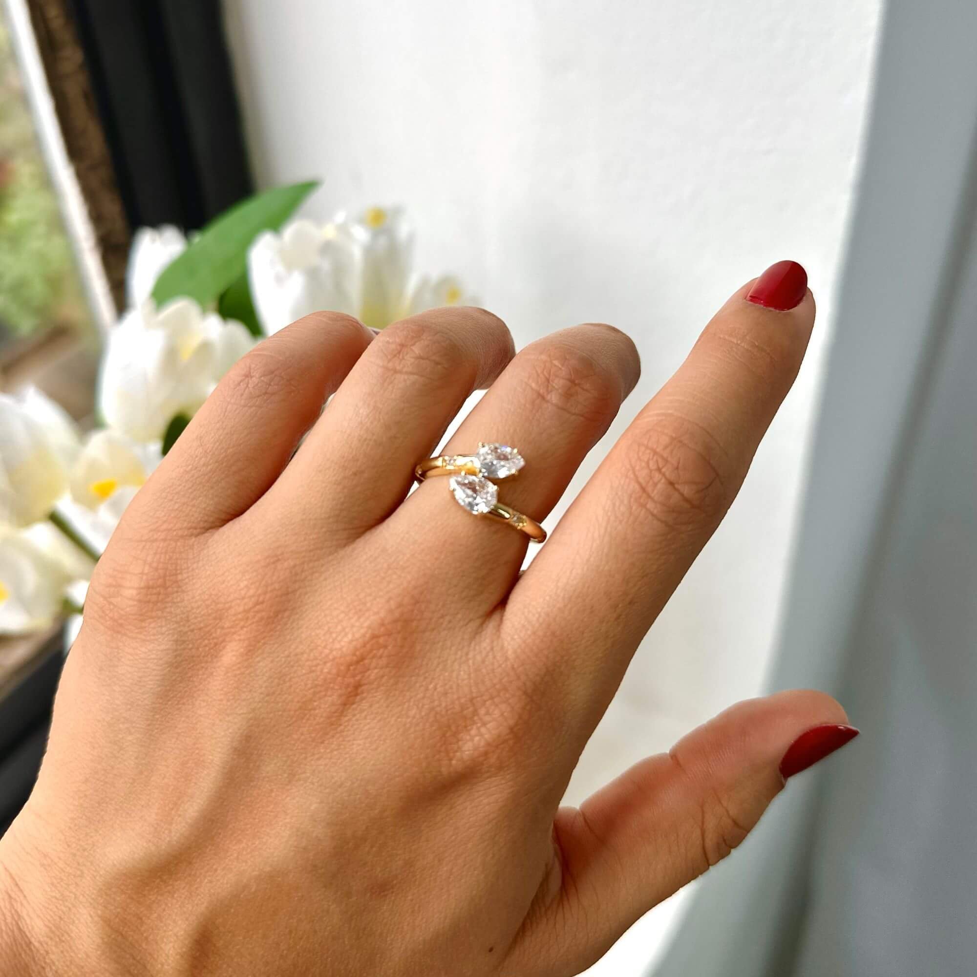 Anel Folheado a Ouro 18k Zircônia Dupla Oval Dourado 5