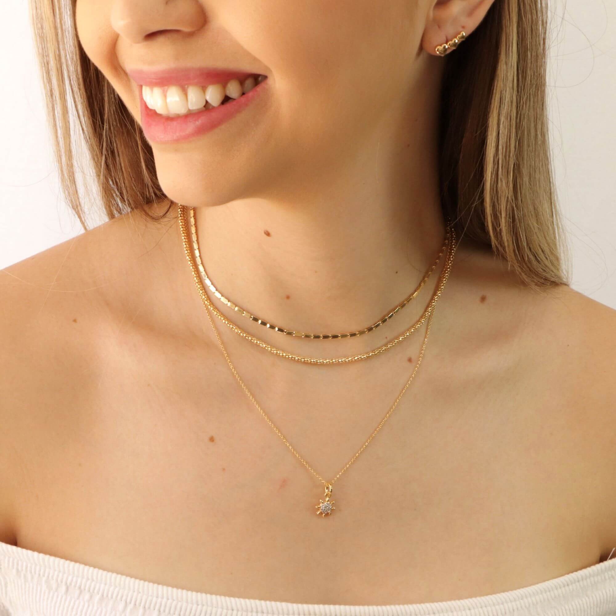 Colar Folheado a Ouro 18k Elo Português Pingente Sol Cravejado Dourado 2