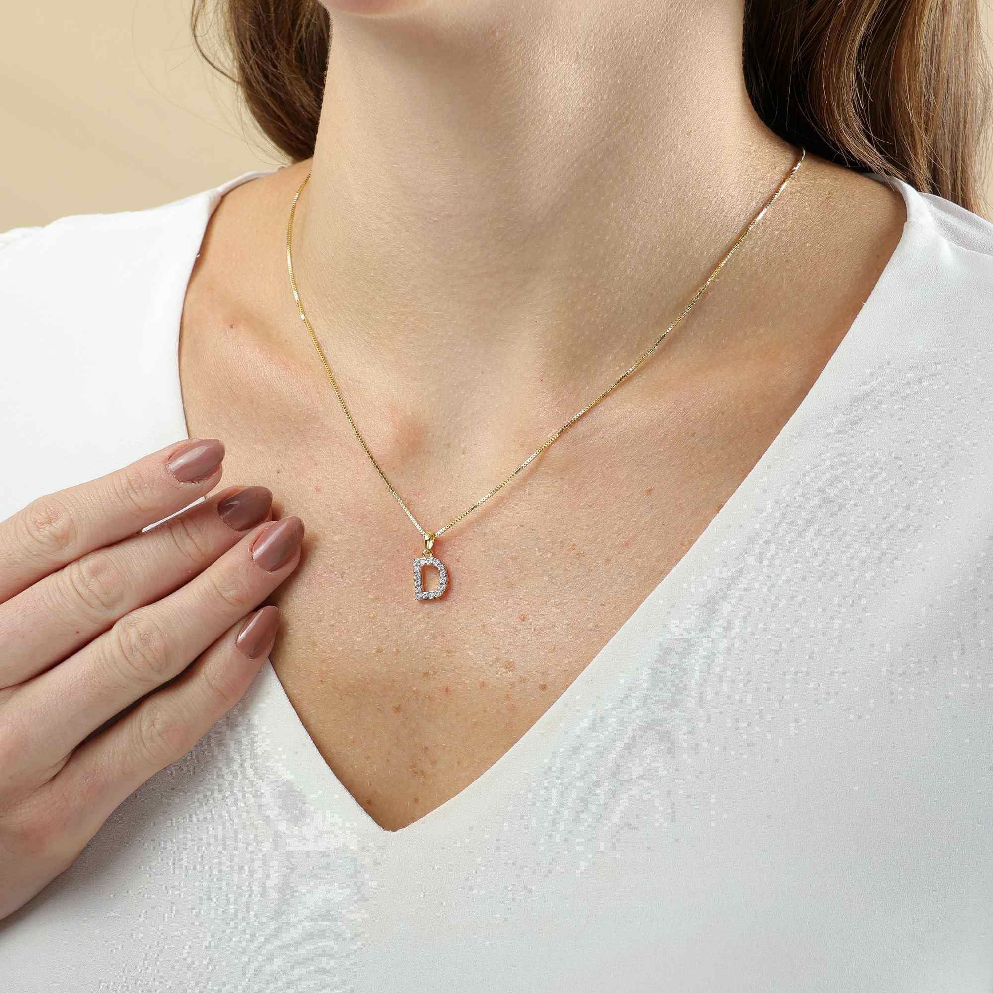 Colar Folheado a Ouro 18k Pingente Letra D Cravejado Ouro 18k 2