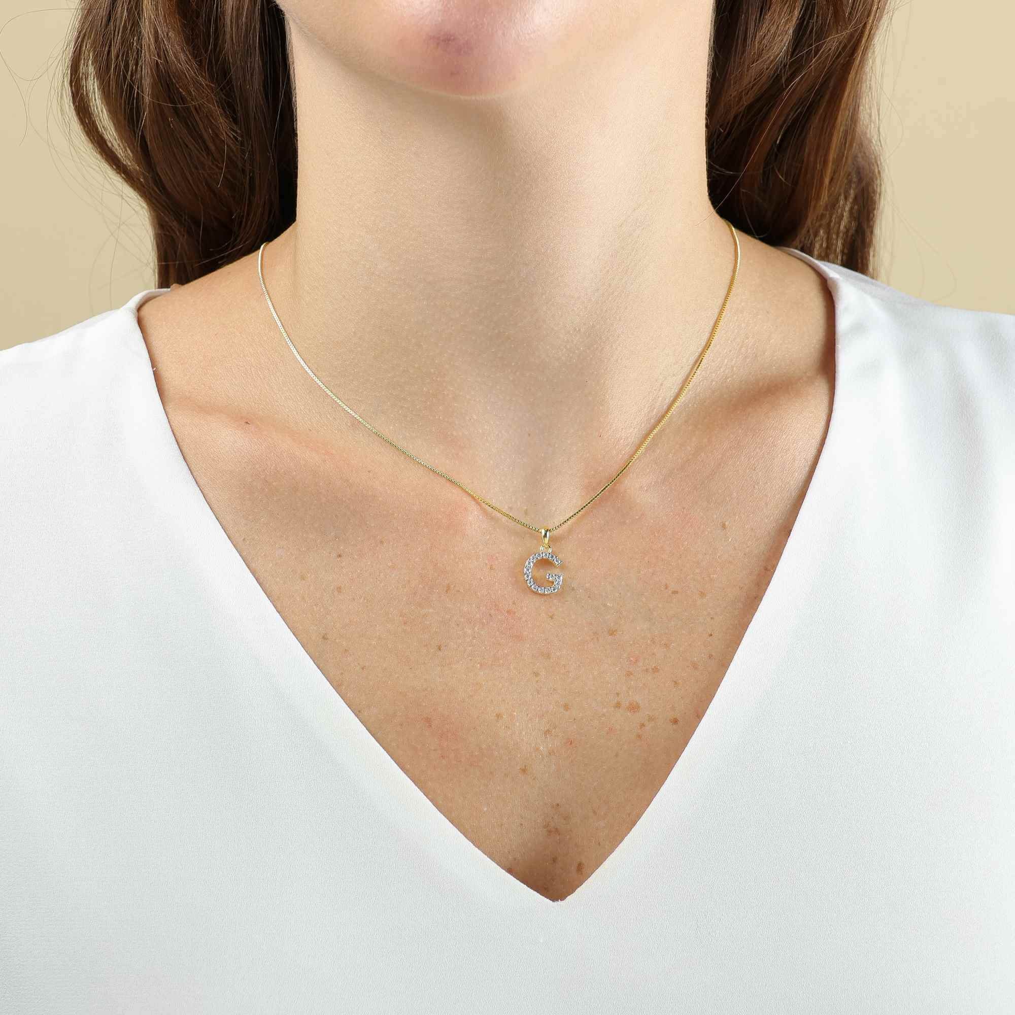 Colar Folheado a Ouro 18k Pingente Letra G Cravejado Ouro 18k 2