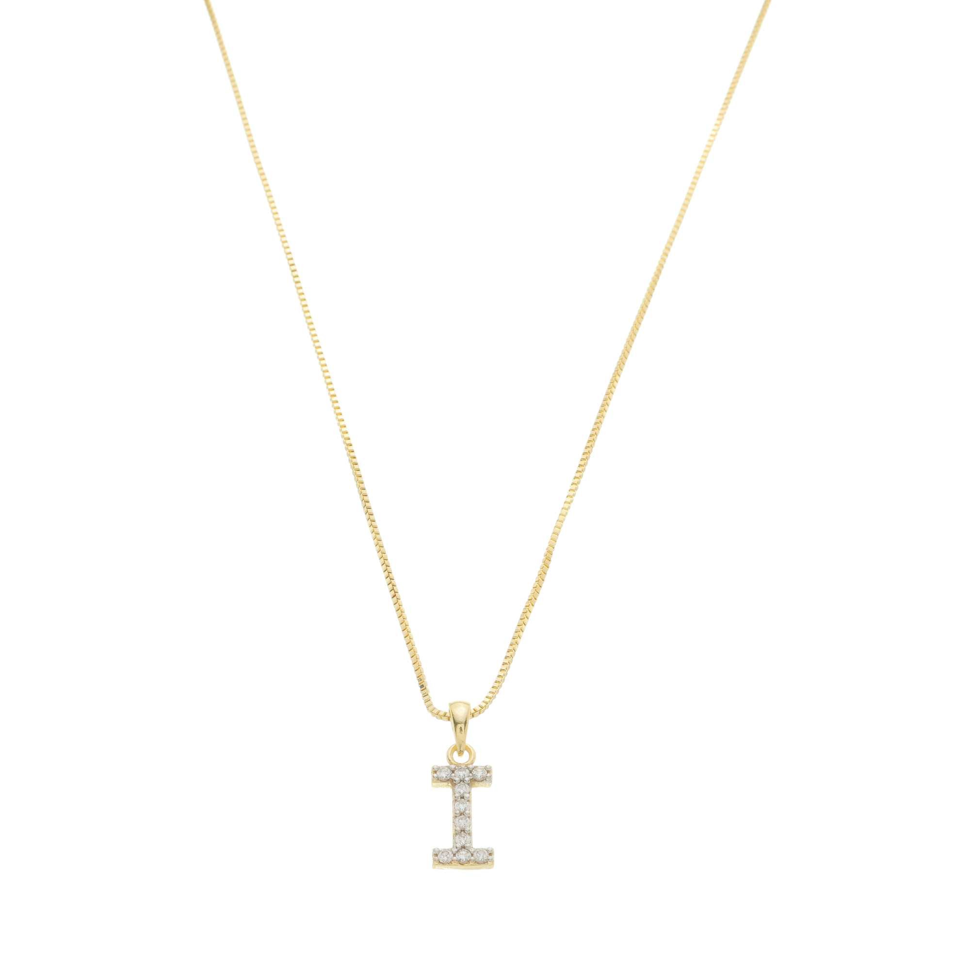Colar Folheado a Ouro 18k Pingente Letra I Cravejado