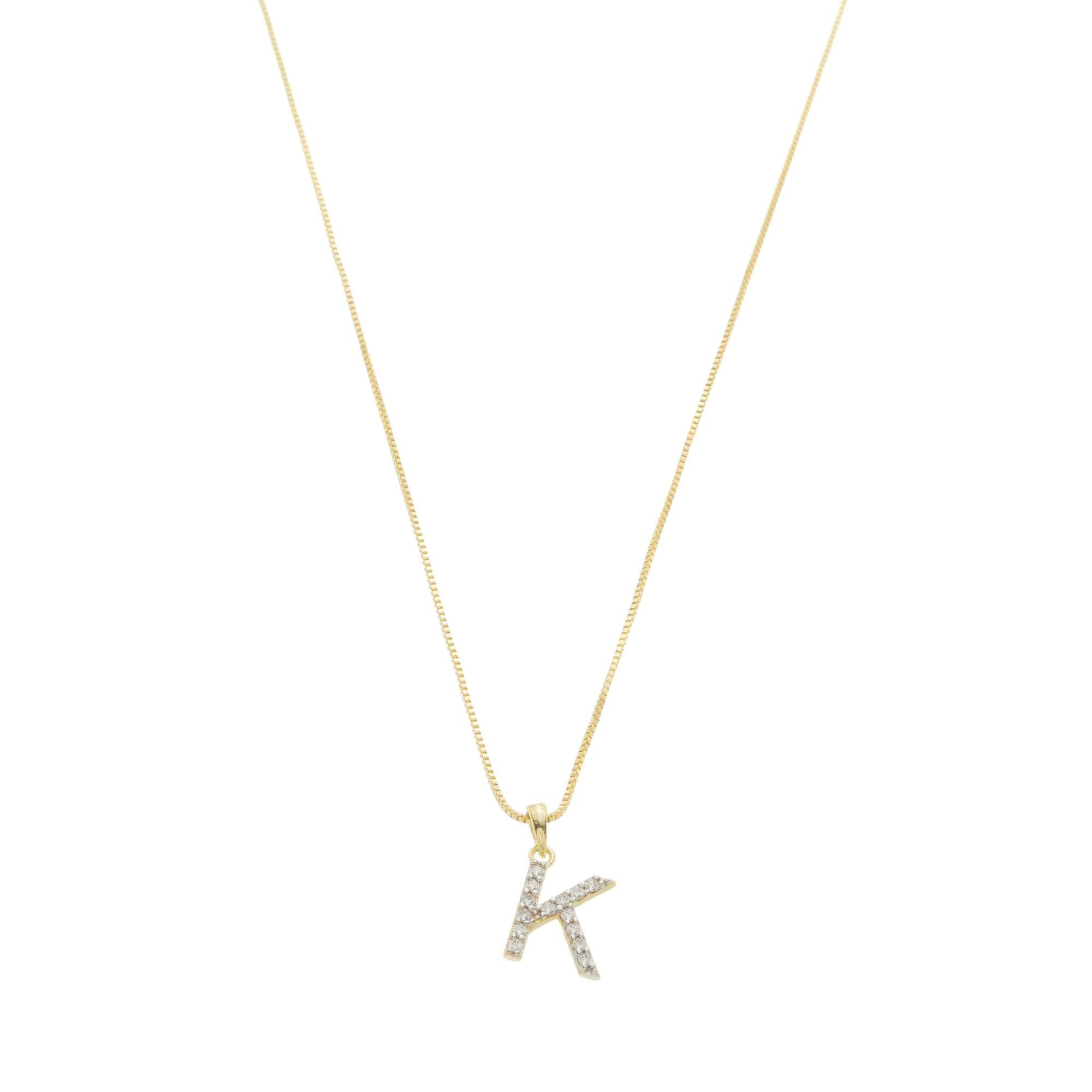 Colar Folheado a Ouro 18k Pingente Letra K Cravejado