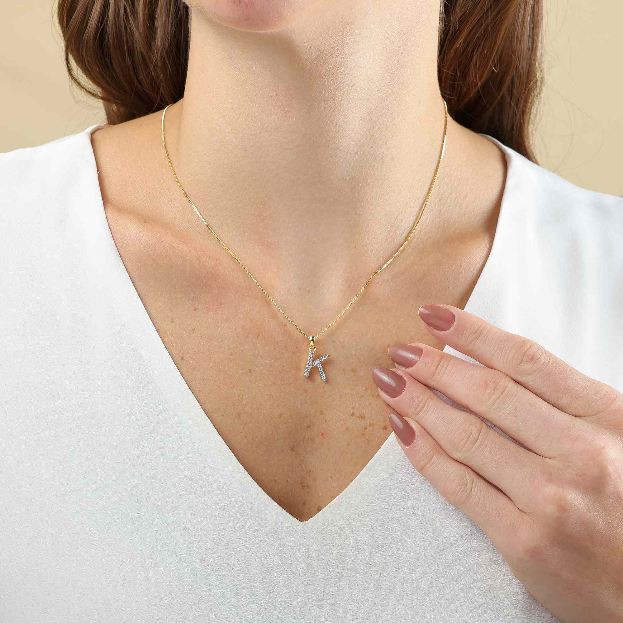 Colar Folheado a Ouro 18k Pingente Letra K Cravejado Ouro 18k 2