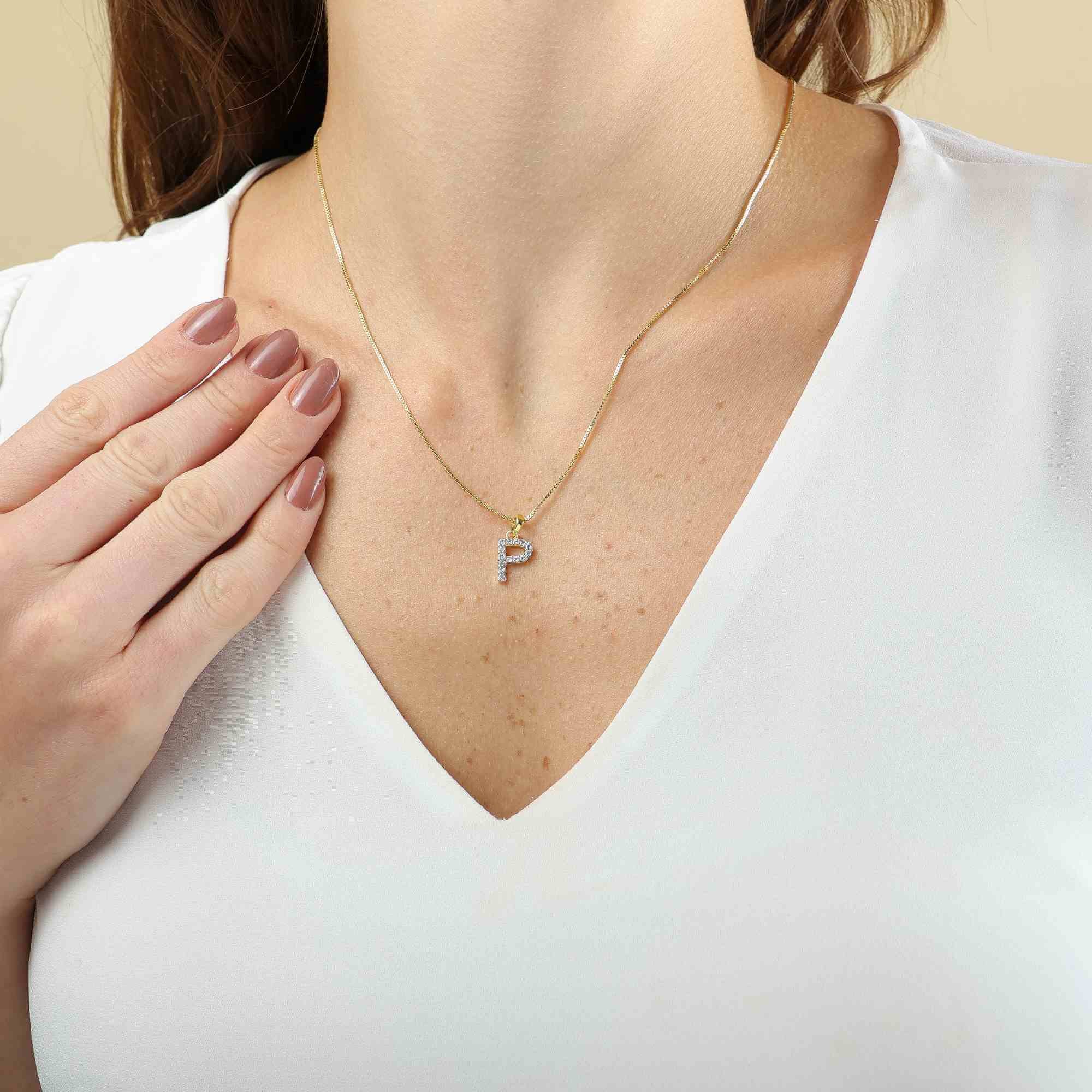 Colar Folheado a Ouro 18k Pingente Letra P Cravejado Ouro 18k 2