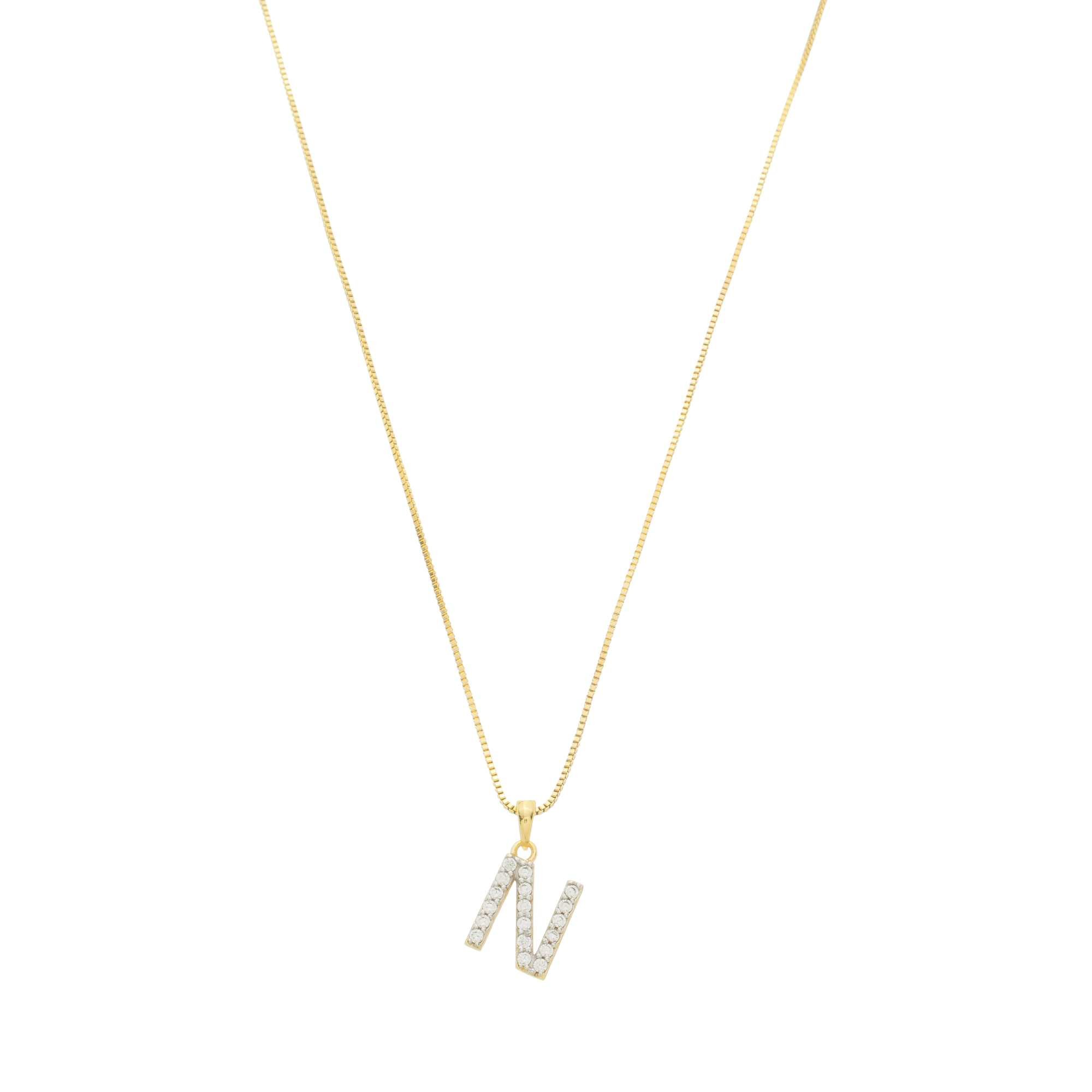 Colar Folheado a Ouro 18k Pingente Letra N Cravejado