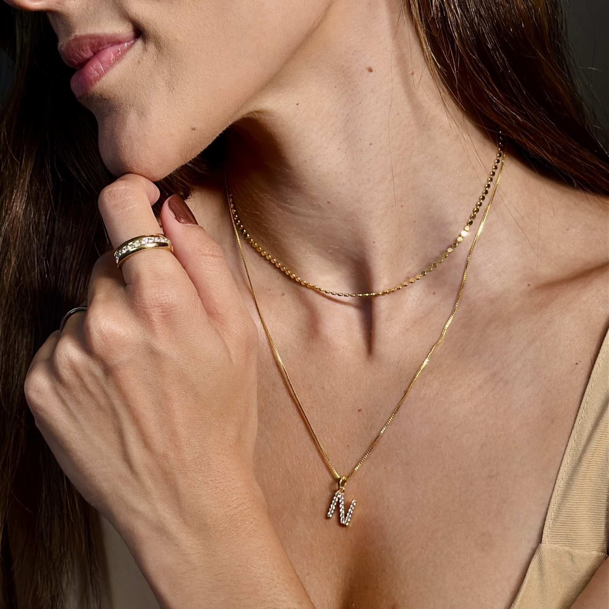 Colar Folheado a Ouro 18k Pingente Letra N Cravejado Ouro 18k 2
