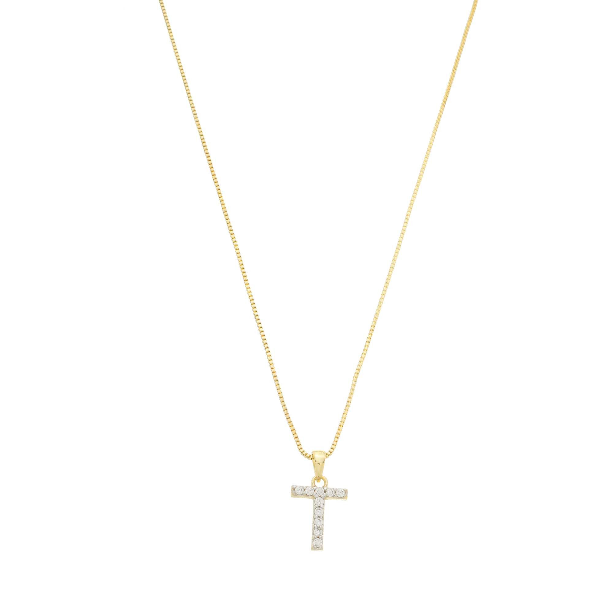 Colar Folheado a Ouro 18k Pingente Letra T Cravejado