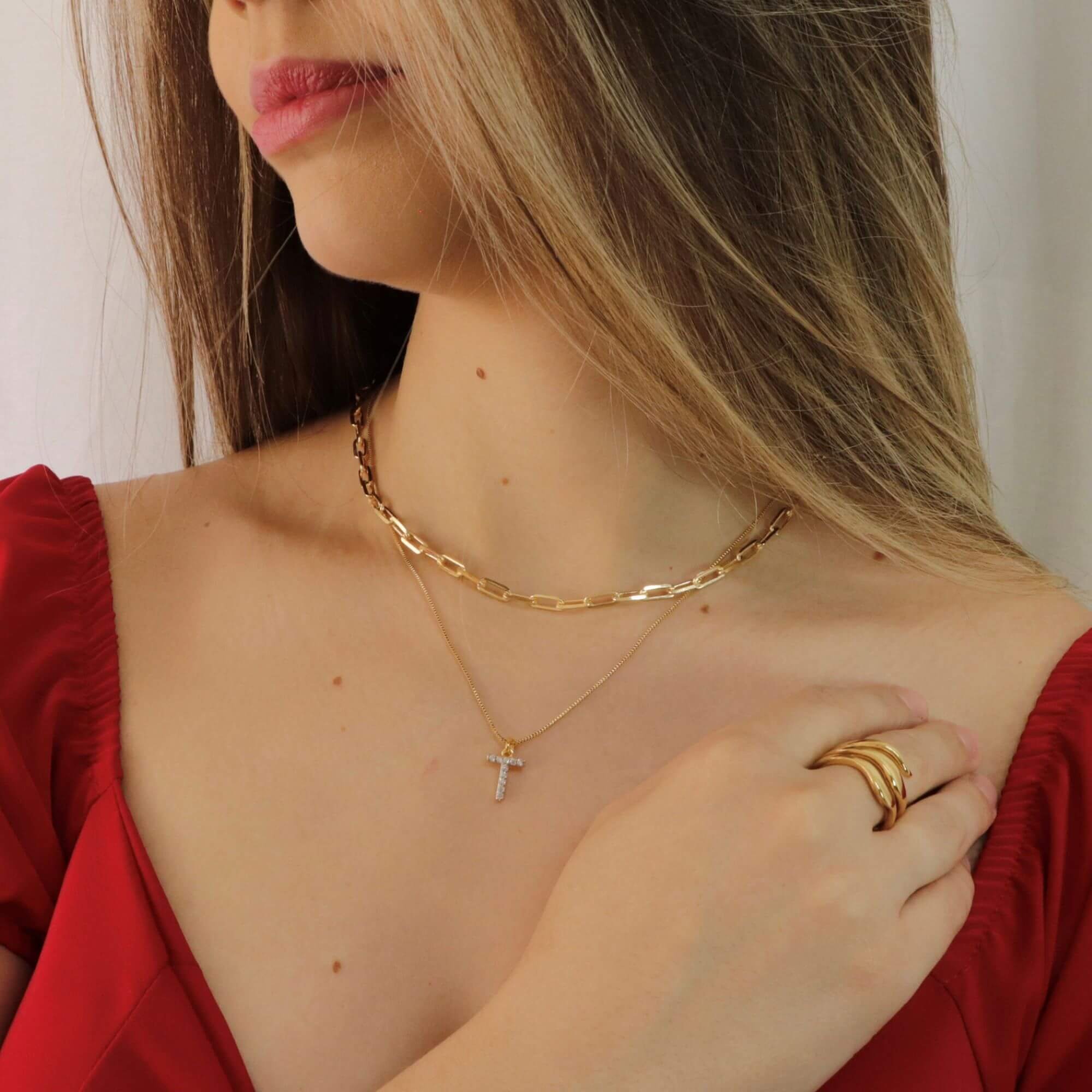 Colar Folheado a Ouro 18k Pingente Letra T Cravejado Ouro 18k 2