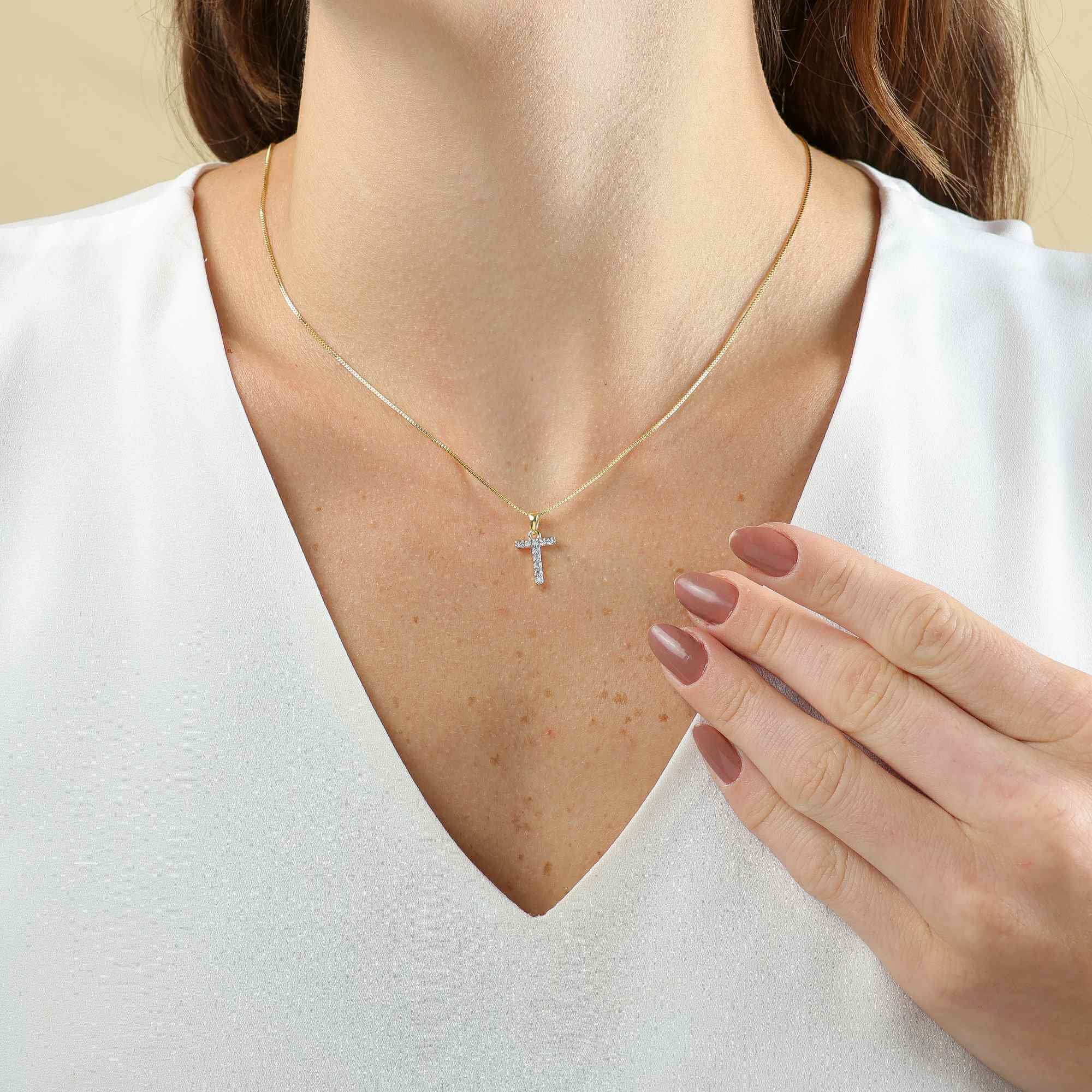 Colar Folheado a Ouro 18k Pingente Letra T Cravejado Ouro 18k 3