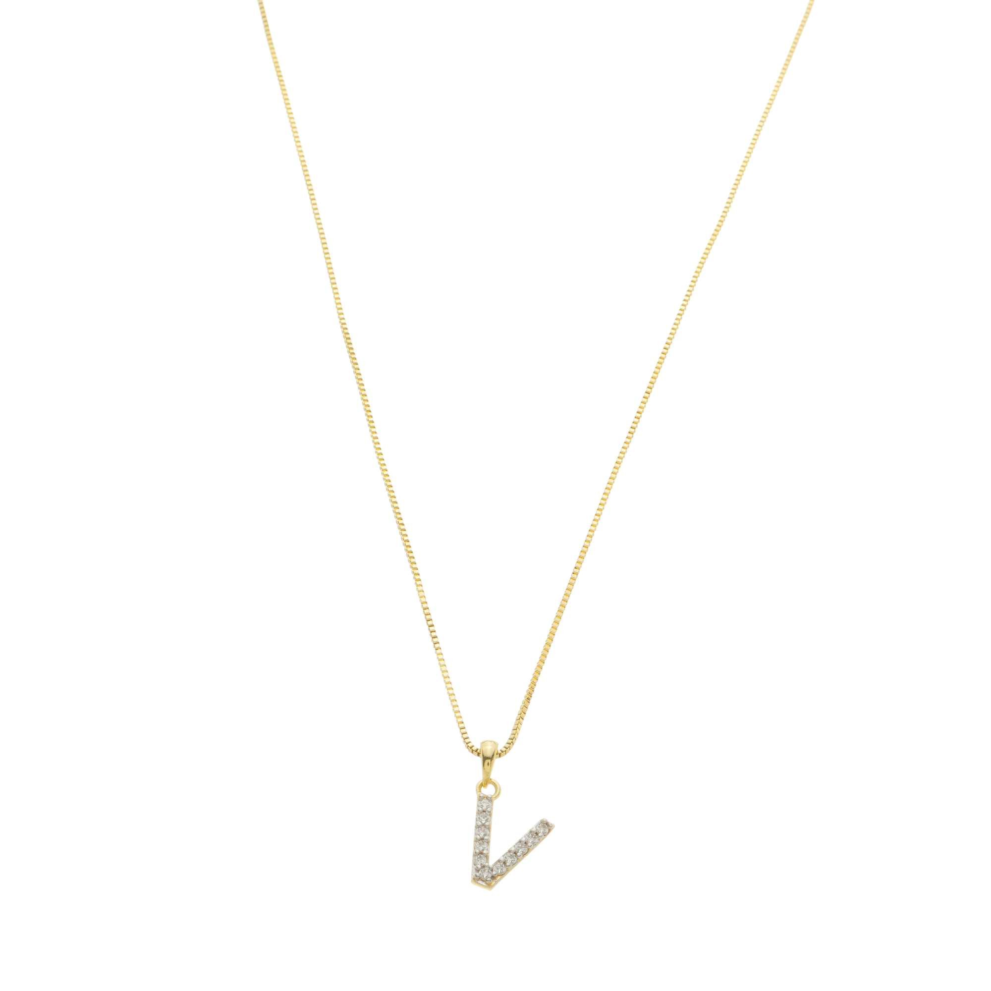Colar Folheado a Ouro 18k Pingente Letra V Cravejado Ouro 18k 1