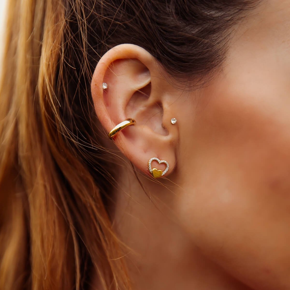 Brinco Folheado a Ouro 18k Coração Liso e Borda Cravejada Ouro 18k 4