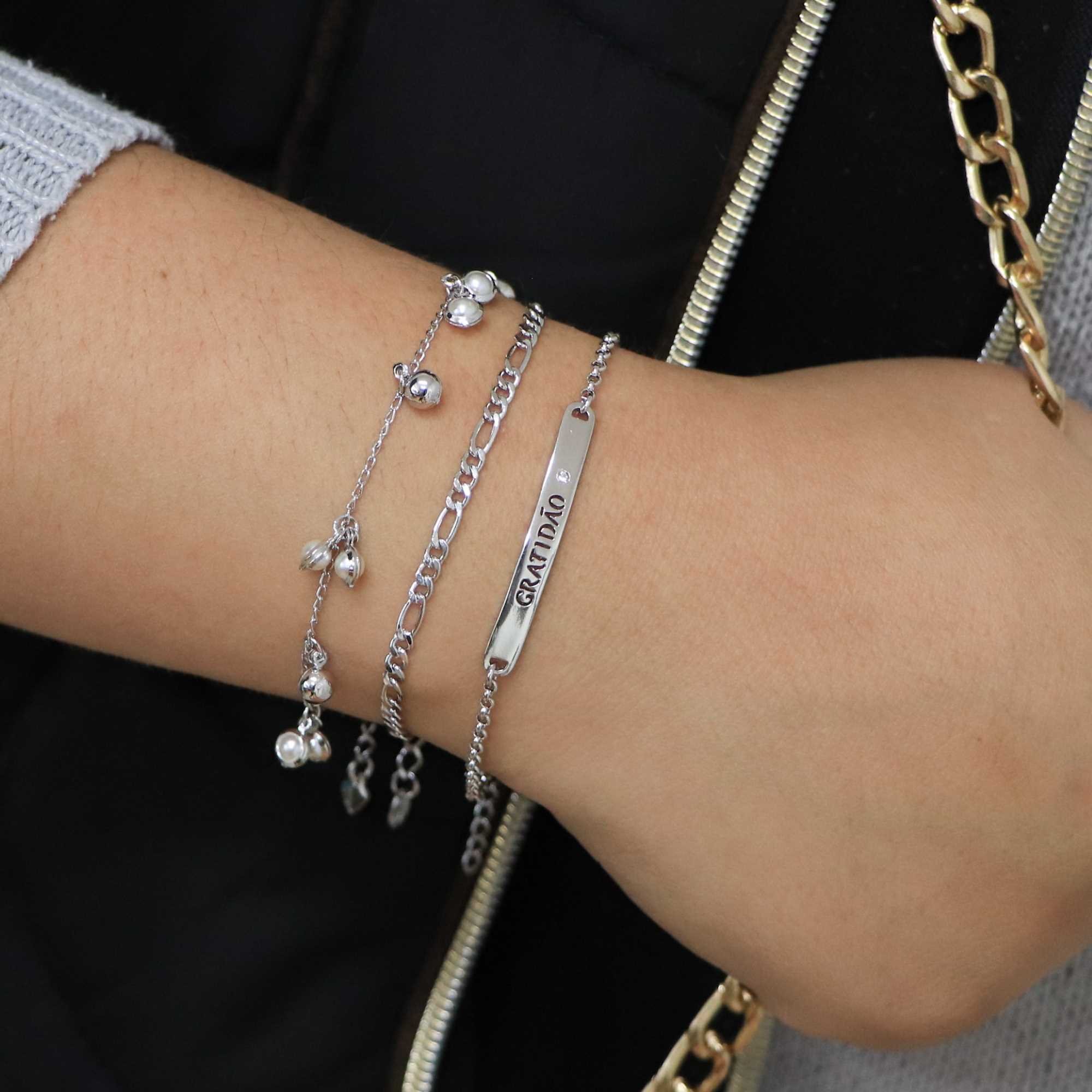 Pulseira Folheada a Ródio Placa Gratidão G Prata 5