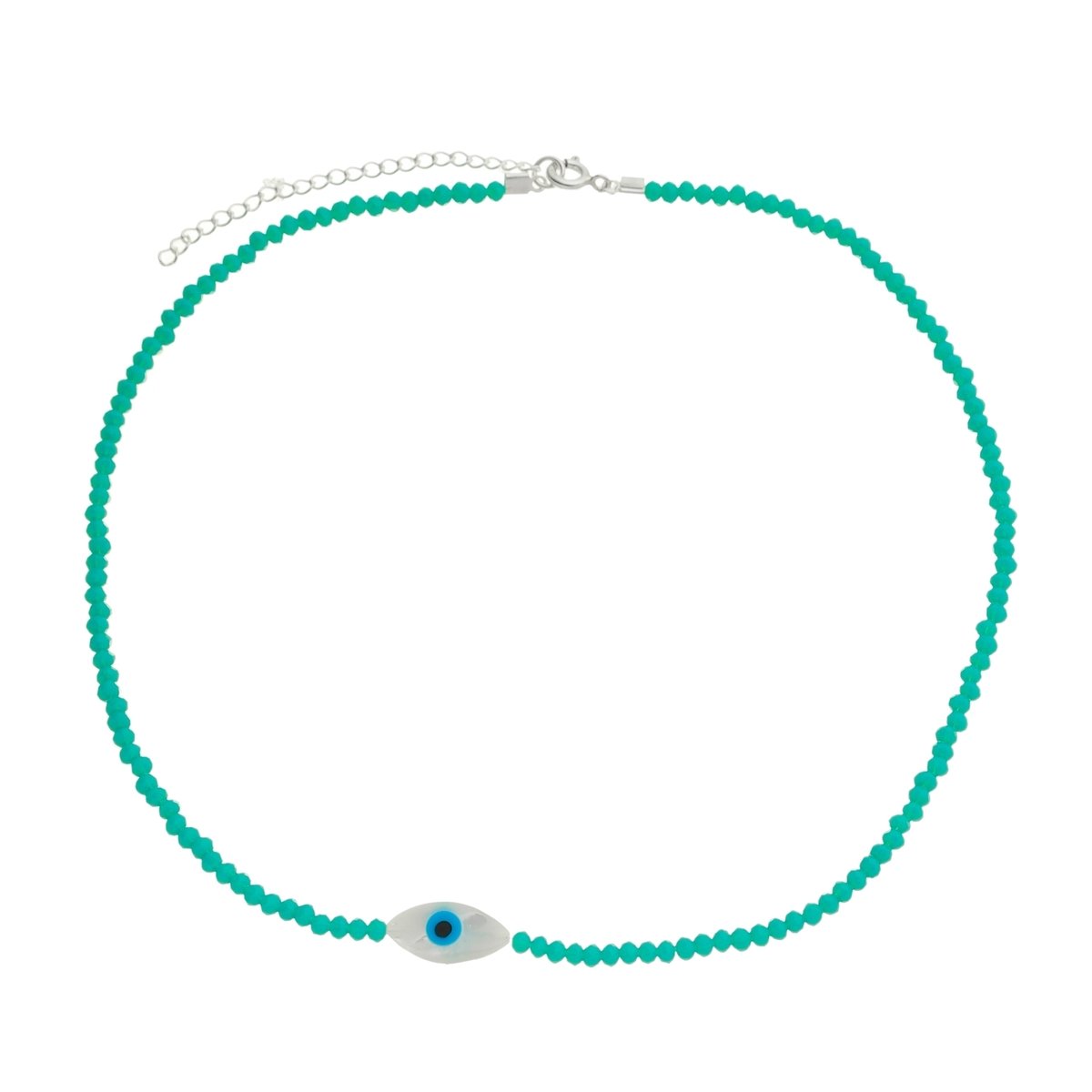 Choker Nylon Prata 925 Olho Grego Oval Cristal Verde Água