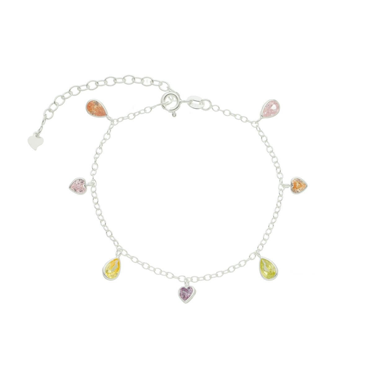 Pulseira Prata 925 Coração e Gota Zircônia Colorida