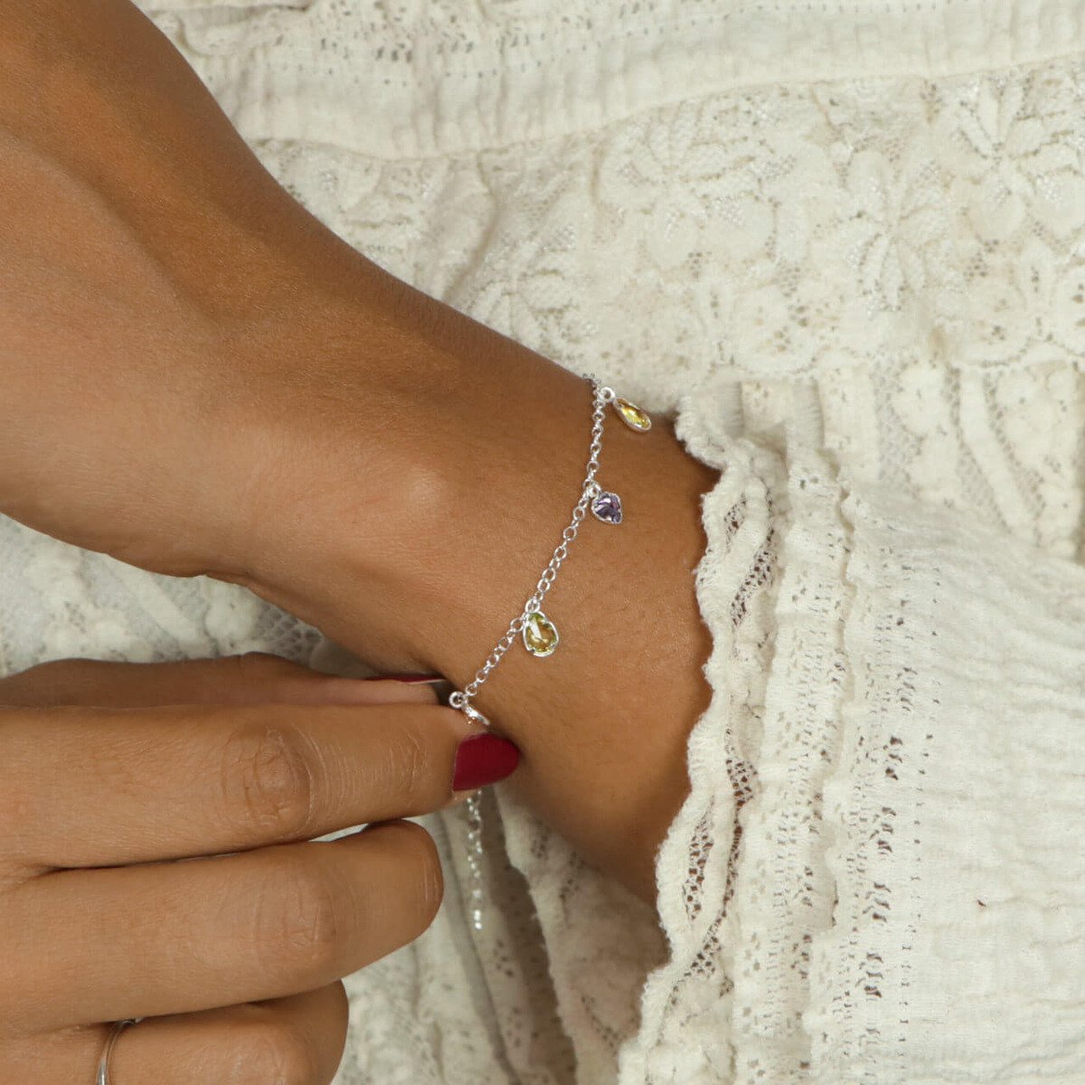 Pulseira Prata 925 Coração e Gota Zircônia Colorida Prata 2