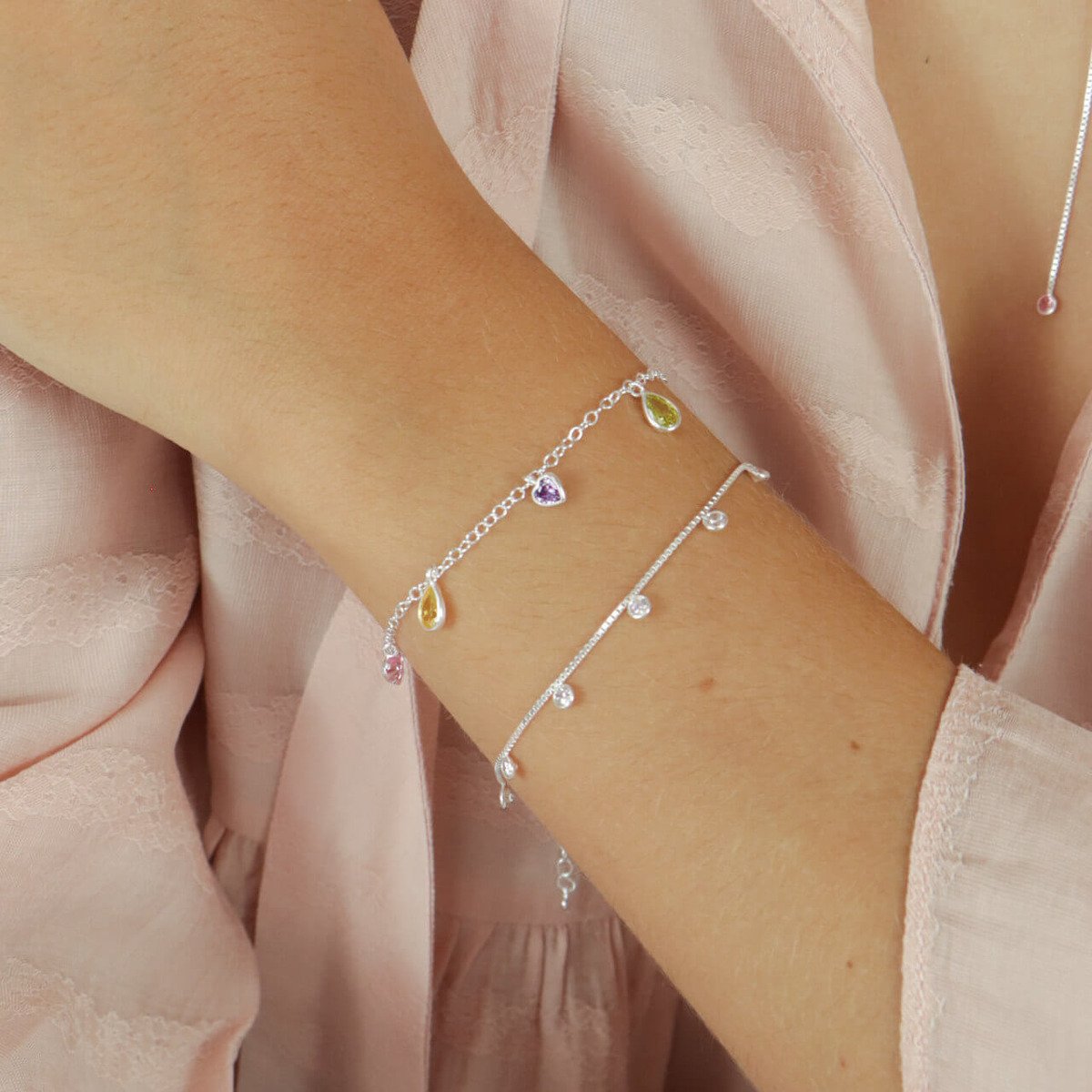 Pulseira Prata 925 Coração e Gota Zircônia Colorida Prata 3