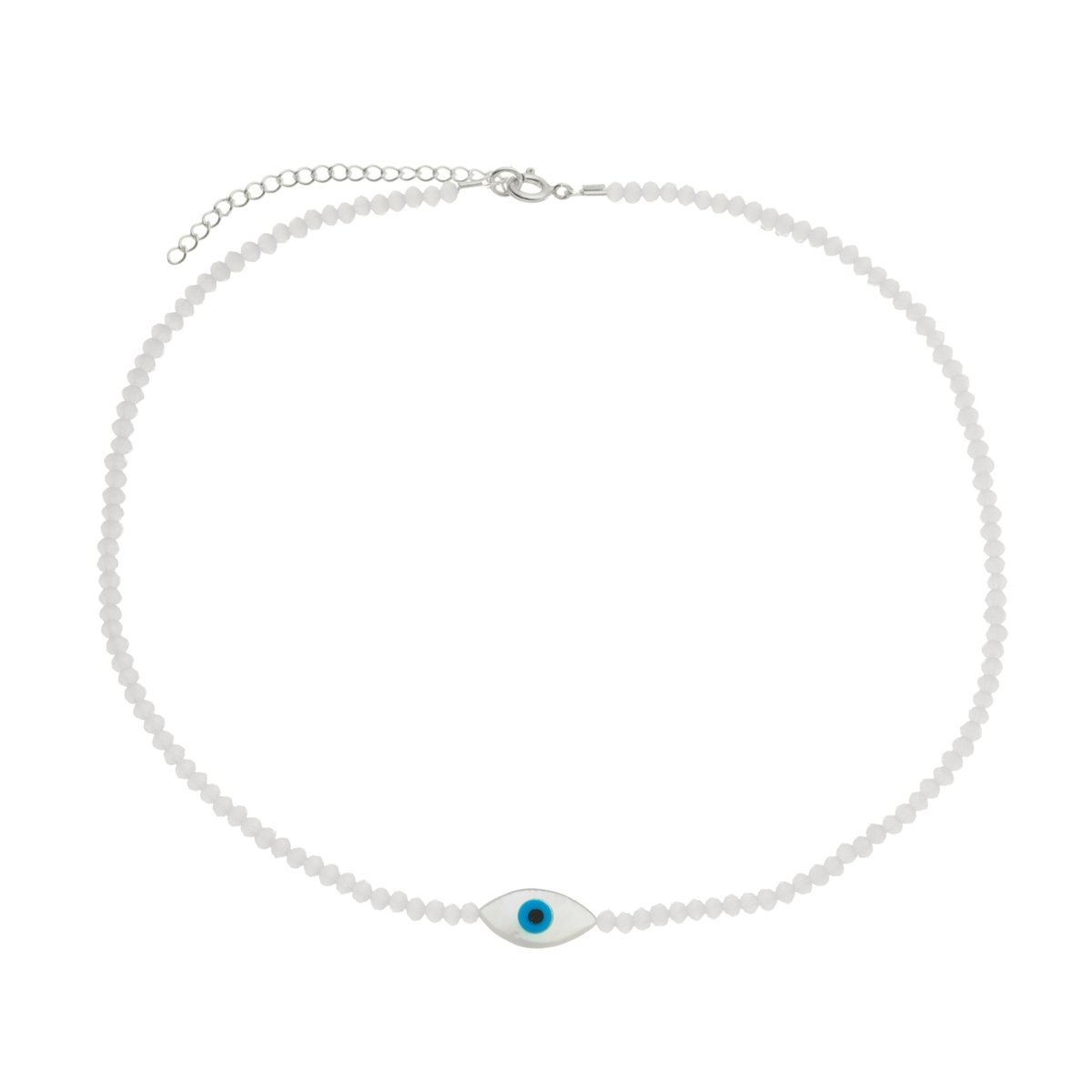 Choker Nylon Prata 925 Olho Grego Oval Cristal Branco