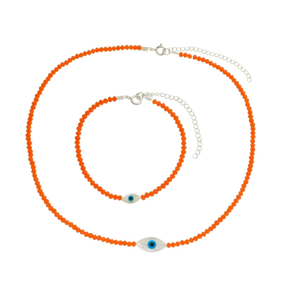 Conjunto Nylon Prata 925 Olho Grego Oval Cristal Laranja