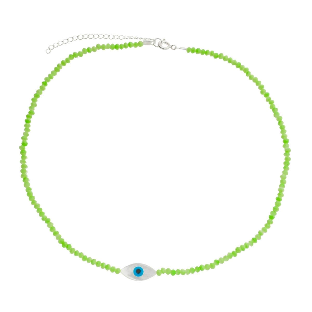 Choker Nylon Prata 925 Olho Grego Oval Cristal Verde
