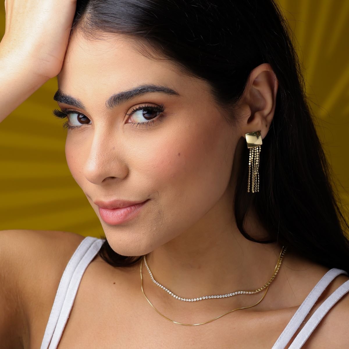 Brinco Folheado a Ouro 18k Franja Corrente Bolinhas Espelhadas Ouro 18k 2