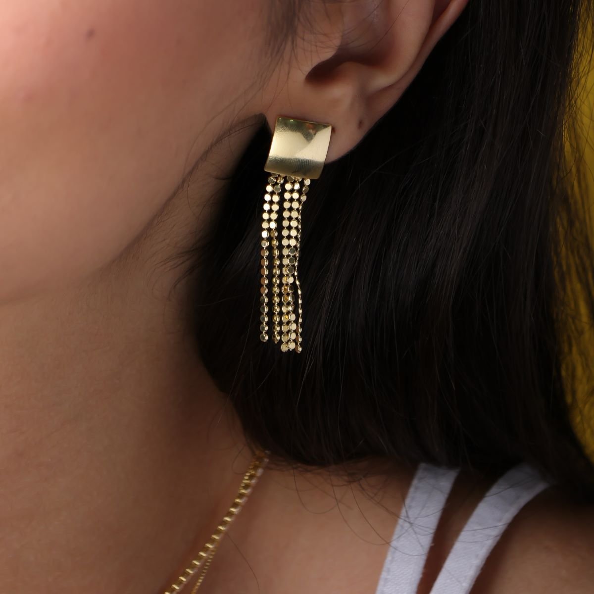 Brinco Folheado a Ouro 18k Franja Corrente Bolinhas Espelhadas Ouro 18k 3