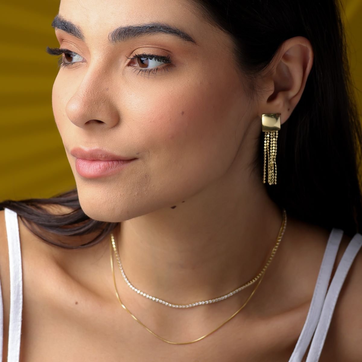 Brinco Folheado a Ouro 18k Franja Corrente Bolinhas Espelhadas Ouro 18k 4
