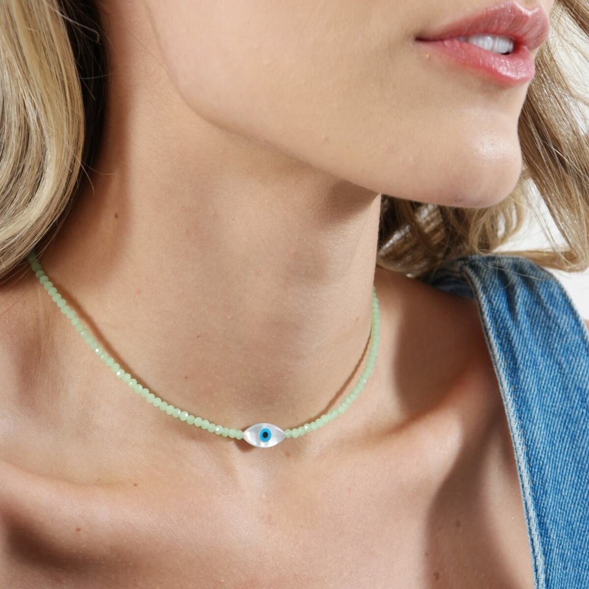 Choker Nylon Prata 925 Olho Grego Oval Cristal Verde Claro Prata/Verde Claro 2
