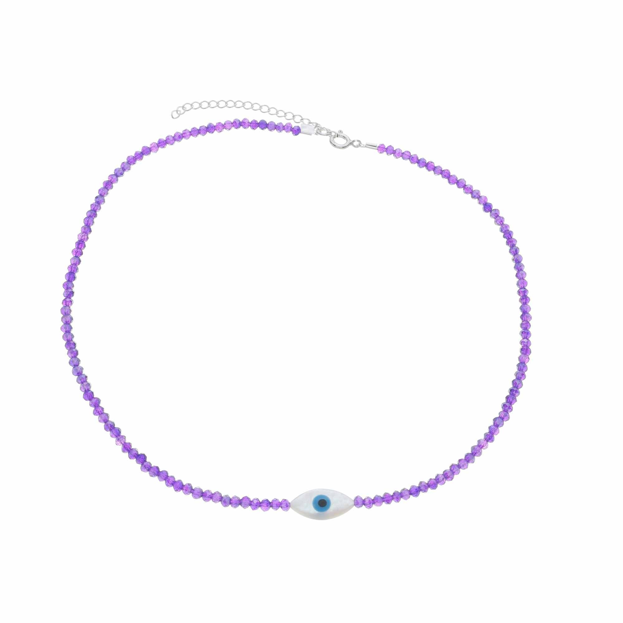 Choker Nylon Prata 925 Olho Grego Oval Cristal Roxo Prata/Lilás 1