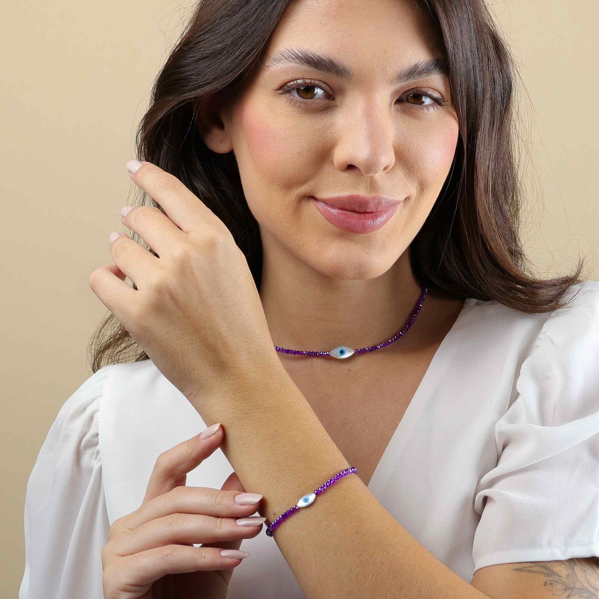 Choker Nylon Prata 925 Olho Grego Oval Cristal Roxo Prata/Lilás 2