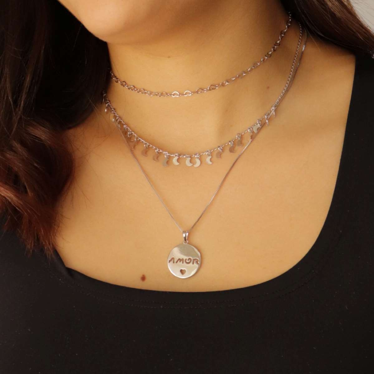 Choker Folheado a Ródio Pingentes Lua Prata 4