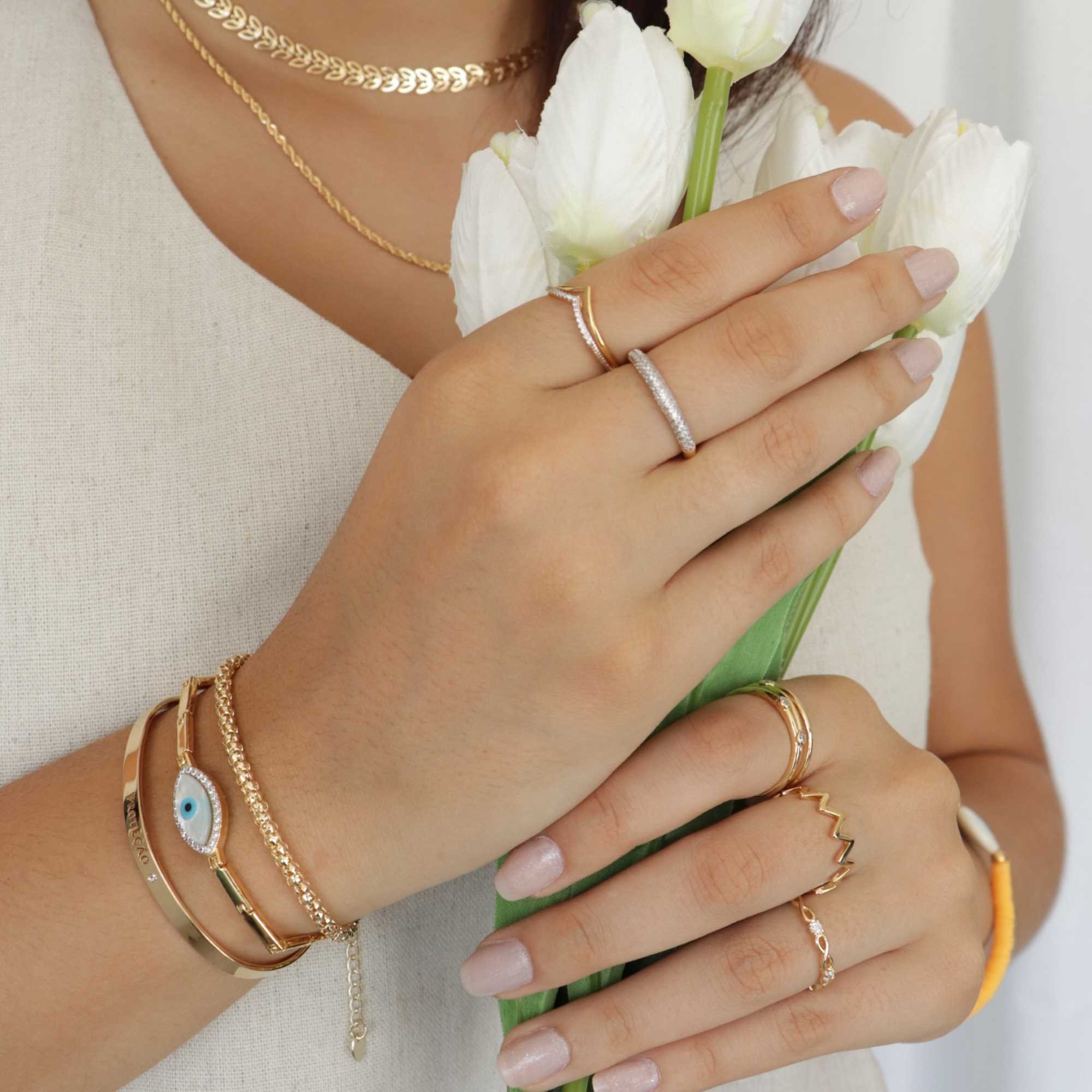 Pulseira Folheada a Ouro 18k Olho Grego Oval e Placas Lisas Dourado 4