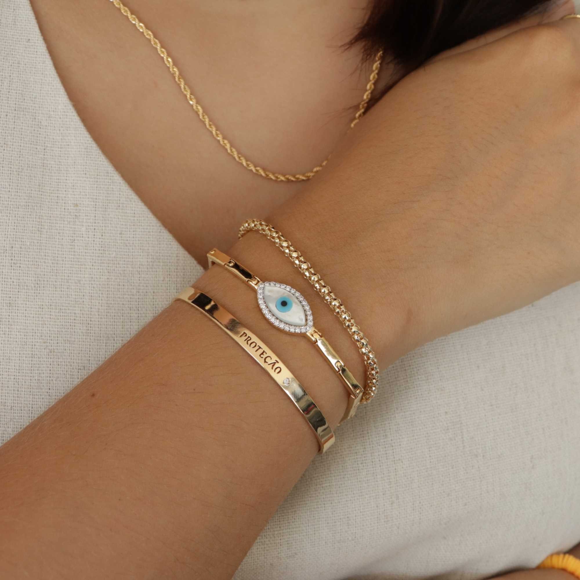 Pulseira Folheada a Ouro 18k Olho Grego Oval e Placas Lisas Dourado 6