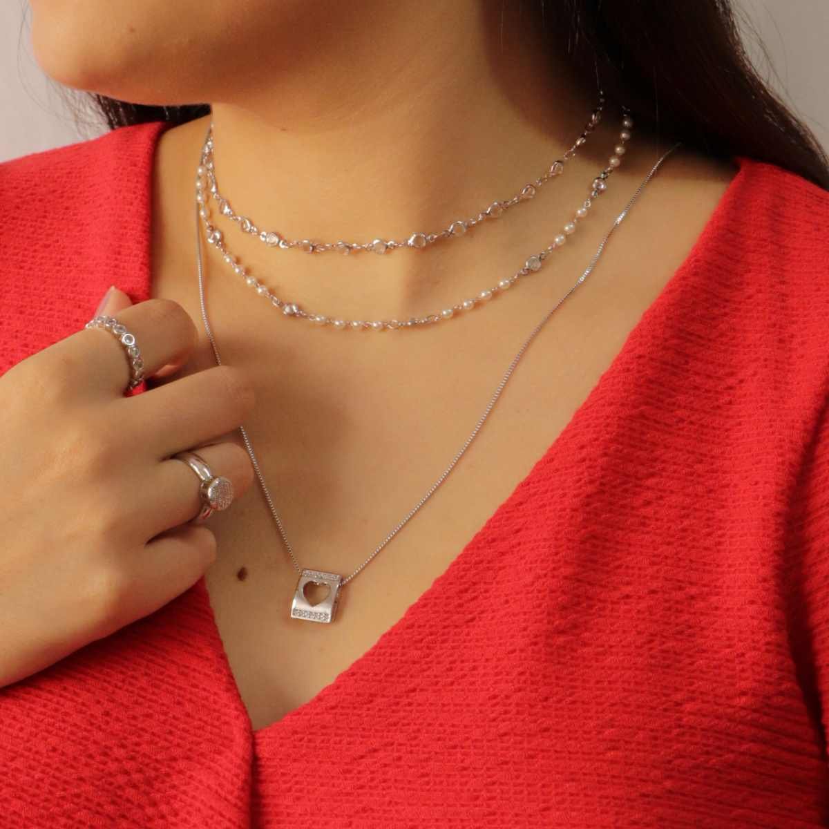 Escapulário Folheado a Ródio Coração e Crucifixo Zircônia 70cm Prata 2