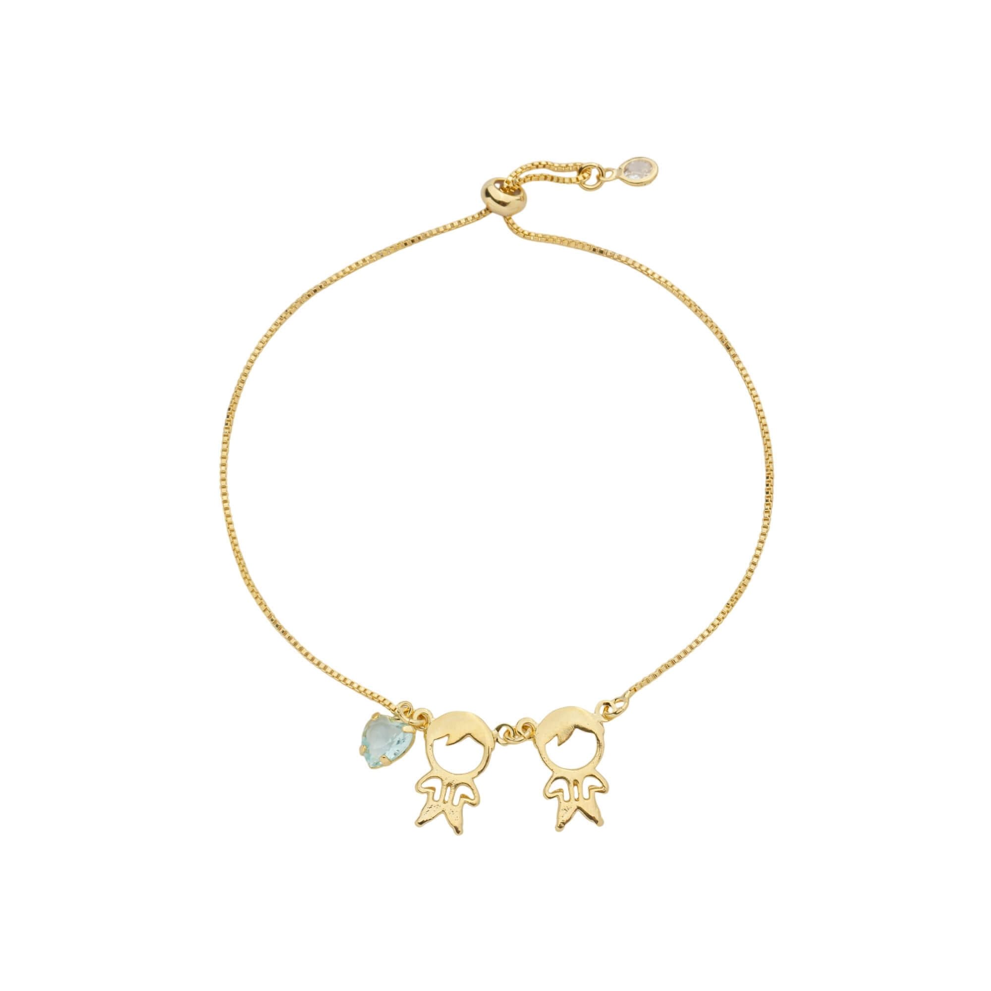 Pulseira Folheado a Ouro 18k Regulável Dois Filhos e Coração Zircônia Azul