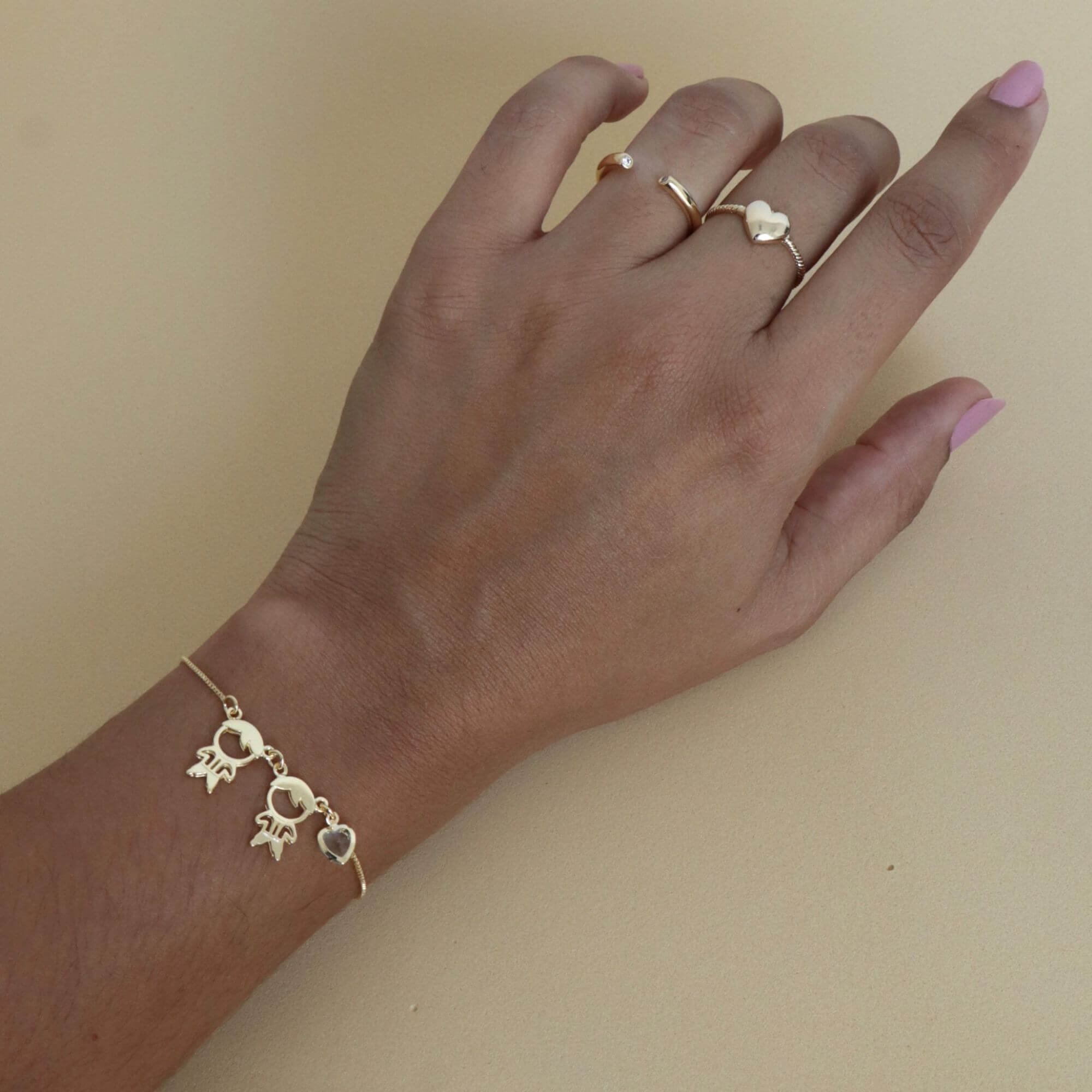 Pulseira Folheado a Ouro 18k Regulável Dois Filhos e Coração Zircônia Azul Ouro 18k/Azul 2